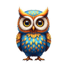 Obraz premium A colorful owl with vibrant blue and orange feathers looks directly at the viewer curiously outside