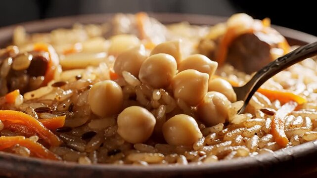 Closeup of Delicious Pilaf with Chickpeas and Carrots Being Served.