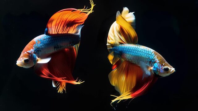 Two colorful betta fish with flowing fins swimming against a dark background 4k video