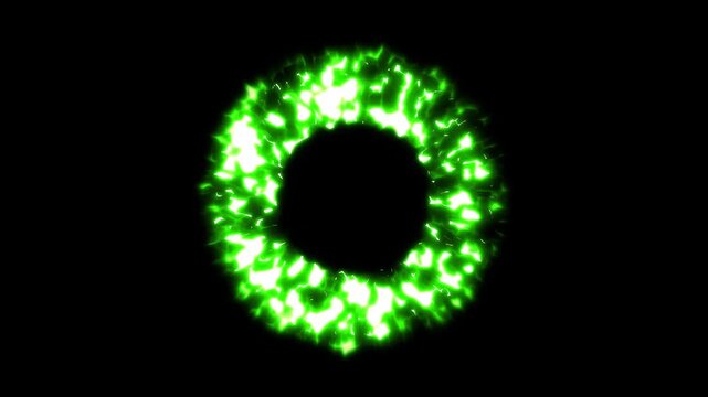 Abstract sparkcle ring burst animation, glowing green flame portal on black background, cinematic heat energy flash motion graphics loop, powerful hot flare for video intro clip. 4k video