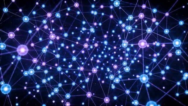 Glowing network nodes connected by digital lines, abstract futuristic technology visualization with blue and purple lights
