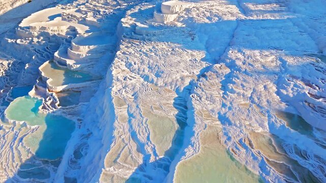 Aerial view of Travertines of Pamukkale, Turkey. White mineral ridges and shallow thermal pools create a scenic textured landscape.