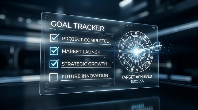 Goal tracker interface with checklist and target achieved radial diagram on a blue screen