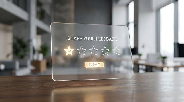 Floating screen displaying customer feedback request with star ratings and submit button in modern office