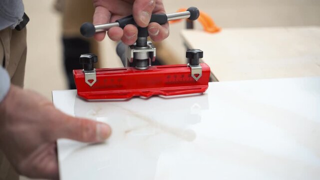 Close-up of an tile cutting tile surface. precision cutting, professional renovation work, and accurate material preparation 