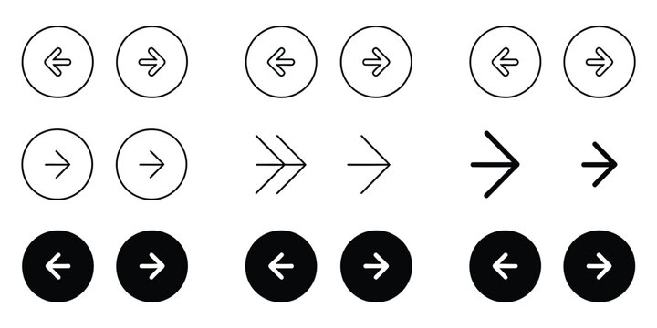 Arrow buttons icon, website slider navigation symbols, next and previous rounded buttons for app and web interface.
