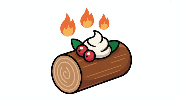 Cartoon illustration of a log with whipped cream and berries on top with flames