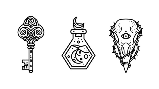Intricate mystical line art illustrations set with an ornate celtic key crescent moon potion bottle and prophetic bird skull with thorns mystical crescent celestial esoteric witchcraft spiritual