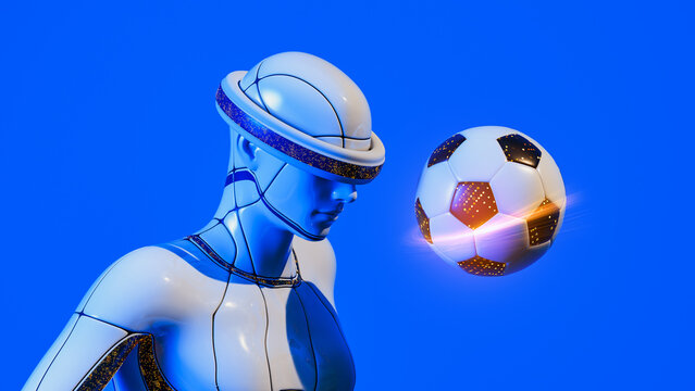 Futuristic robot plays soccer in a colorful environment with a ball