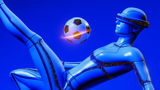 Futuristic robot plays soccer in a colorful environment with a ball