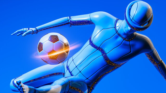 Futuristic robot plays soccer in a colorful environment with a ball