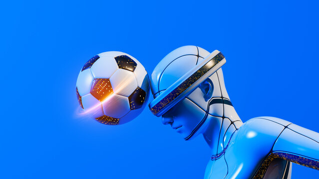 Futuristic robot plays soccer in a colorful environment with a ball