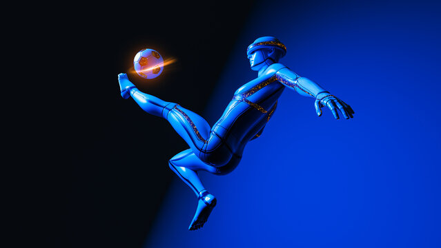 Futuristic robot plays soccer in a colorful environment with a ball