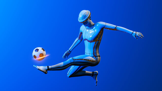 Futuristic robot plays soccer in a colorful environment with a ball