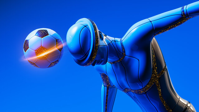 Futuristic robot plays soccer in a colorful environment with a ball