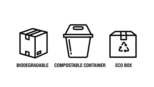 Environmentally friendly packaging icons including biodegradable box compostable container eco box symbols for sustainable business practices and green shipping solutions biodegradable