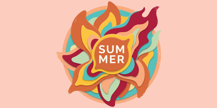 Vibrant summer graphic design with colorful flames and text on peach background