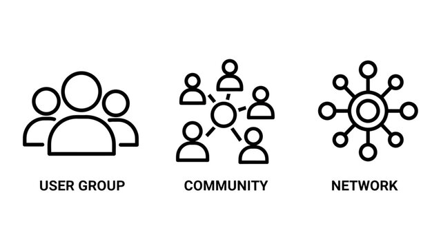 Social networking and community icons set featuring user group symbol connected people diagram and centralized network hub community connection structure organization teamwork relationship