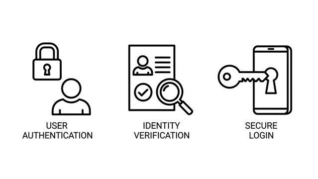 User authentication and identity verification icons set with secure login key on mobile phone and magnifying glass on id card authentication identity verification magnifying technology security