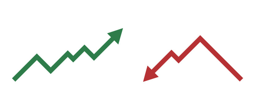 Green upward trending graph arrow and red downward trending graph arrow on white background