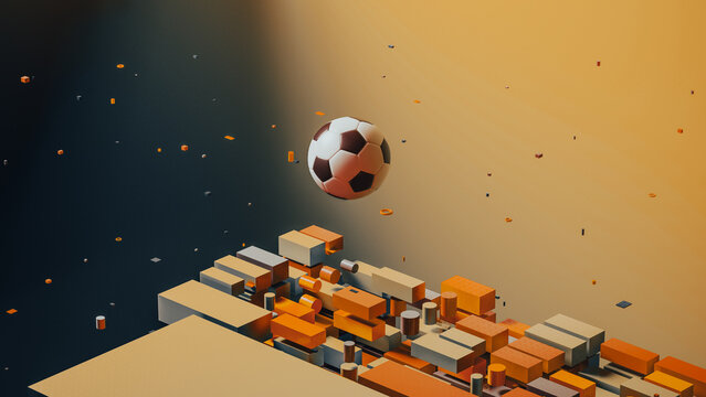 Floating soccer ball in geometric city with abstract shapes