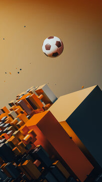 Floating soccer ball in geometric city with abstract shapes