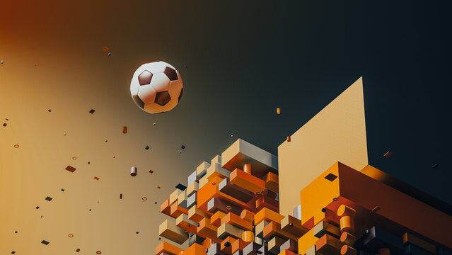 Floating soccer ball in geometric city with abstract shapes
