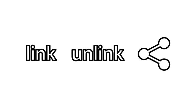 Graphic interface elements for website navigation featuring link and unlink text buttons alongside a universal social media share network symbol icon connection interface internet technology