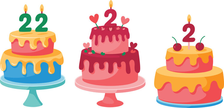 Cute Birthday Celebration Cake Set Featuring Tiered Pastries on Stands with Drip Frosting Hearts Cherries and Number Candles Vector Illustrations