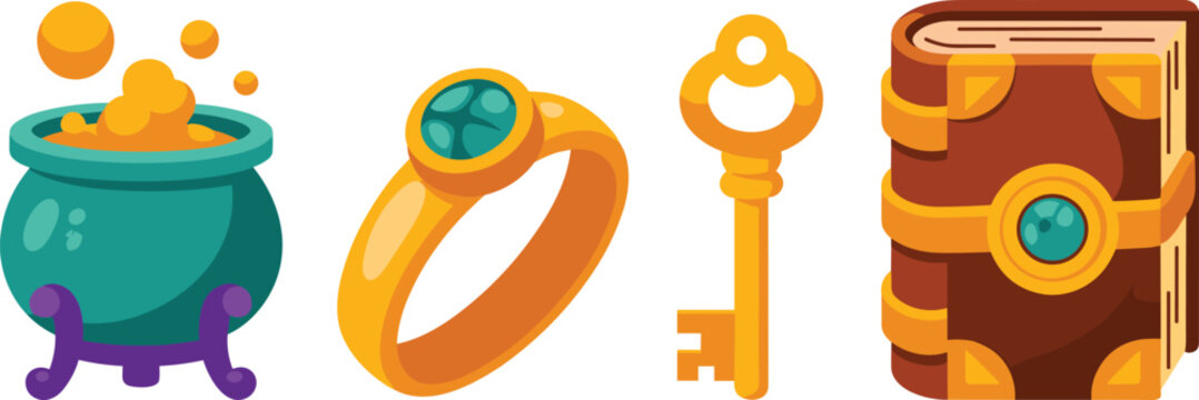 Fantasy RPG Magic Item Vector Icon Set Featuring Witch Cauldron Golden Gemstone Ring Key and Spellbook for Medieval Game Graphic Designs