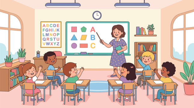A cartoon classroom scene with a teacher and students learning