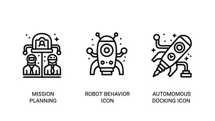 Naklejka premium Mission planning robot behavior autonomous docking line icons for robotics and AI technology with artificial intelligence line art thin line planning behavior autonomous robotics technology
