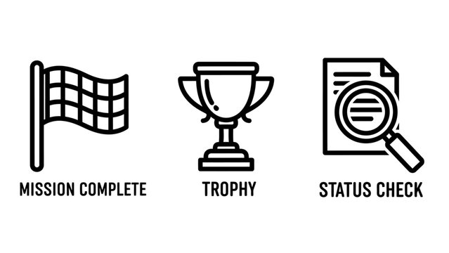 Mission complete trophy status check icons for goal achievement and project progress with project management business goal finish line business success achievement progress completion challenge