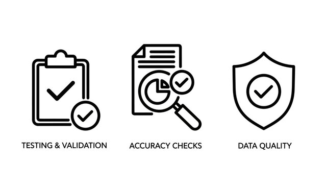 Set of business icons for testing and validation accuracy checks data quality with line art symbols of clipboards and shields validation accuracy business clipboard document magnifying