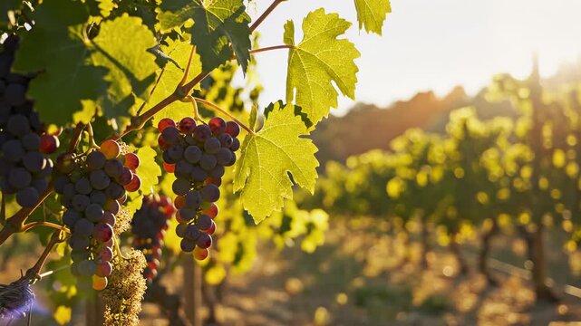 Golden hour sunshine bathes a lush Tuscan vineyard with ripe, deep purple grapes adorning vines ready for harvest, creating a picturesque scene of agricultural beauty and abundant natural bounty