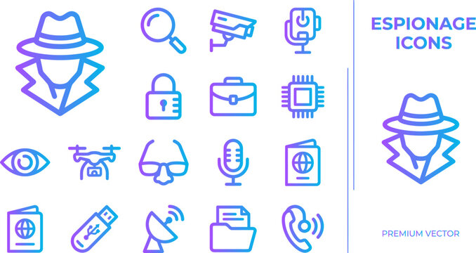 Espionage icons set featuring detective spy gear security surveillance cameras digital privacy and secret tools.