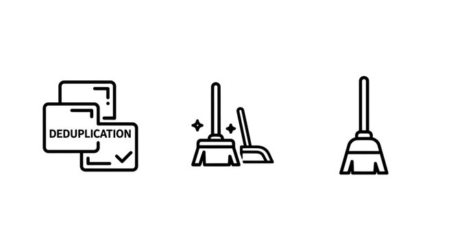 Data deduplication cleaning brooms dustpan icons for housekeeping and information management with tidy up line art deduplication cleaning management housekeeping duplicate organize optimize