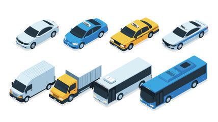 Isometric vehicles including cars taxis trucks and buses in various colors © MadhobiRani