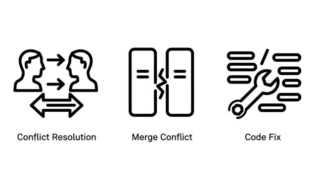 Software development problem-solving icons: conflict resolution merge conflicts code bug fixes for programming teams and projects software development conflict resolution programming