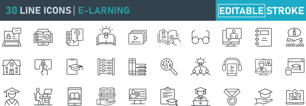 E-Learning Line Icon Set. Contains icons online education, digital learning, virtual classroom, remote study, educational, graduation, and academic training. Editable stroke. Vector illustration.
