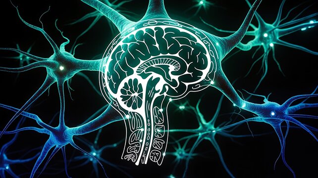 Human brain illustration integrated with a network of glowing neurons and synapses in a digital space