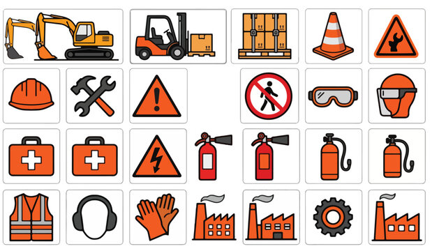 Construction site icons with safety equipment and machinery on display