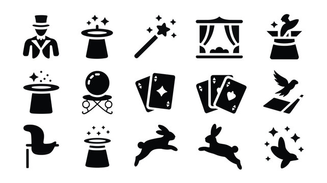 Set of 15 Black Magic Show Entertainment Icons Vector
