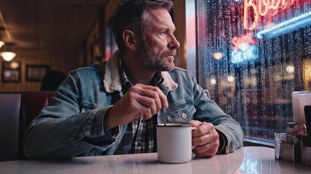 A mature man sits at a diner booth, stirring a mug of coffee while looking out a rainy window. The scene evokes solitude and contemplation on a wet city night. Ideal for cinematic storytelling.