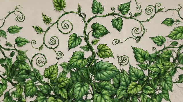A picturesque decorative border brimming with vibrant verdant foliage and delicate scrolled tendrils gracefully cascades across the frame, suggesting organic growth and whimsical natural