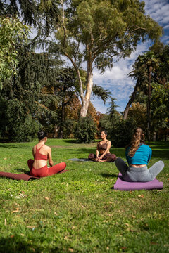 Multiethnic women meditating on yoga mats in park