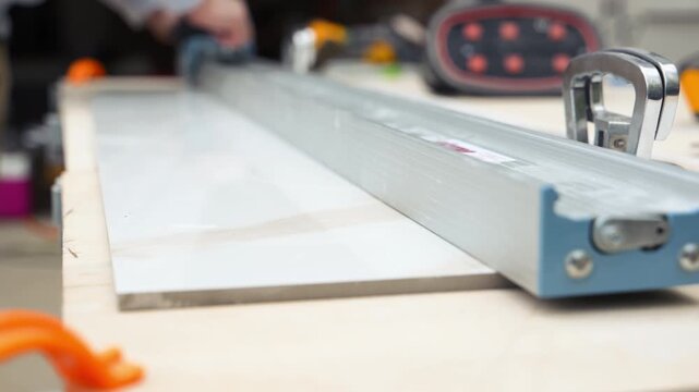 Close-up of an tile cutting machine slicing through a tile surface. precision cutting, professional renovation work, and accurate material preparation 