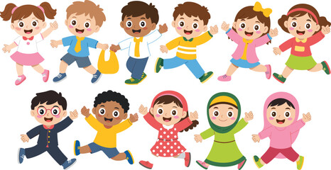 Fototapeta premium Diverse Group of Happy Children Cartoon Character Set Cheerful Multicultural Kids Waving Hands Jumping and Running for Kindergarten and Education Designs