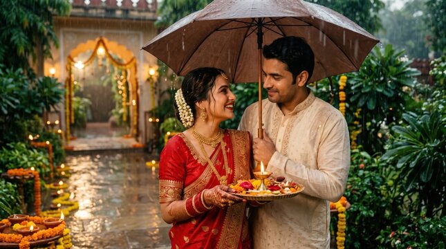 Indian couple celebrating karwa chauth in the rain with diya