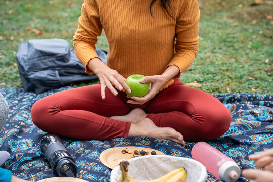 Multiethnic women enjoy healthy picnic snack in park